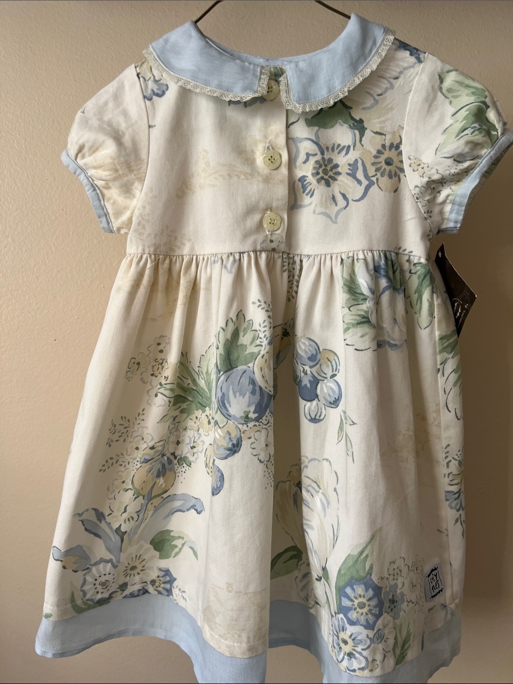 Vintage Children's Floral Peter Pan Collar Dress - Blue & Cream Size 3T